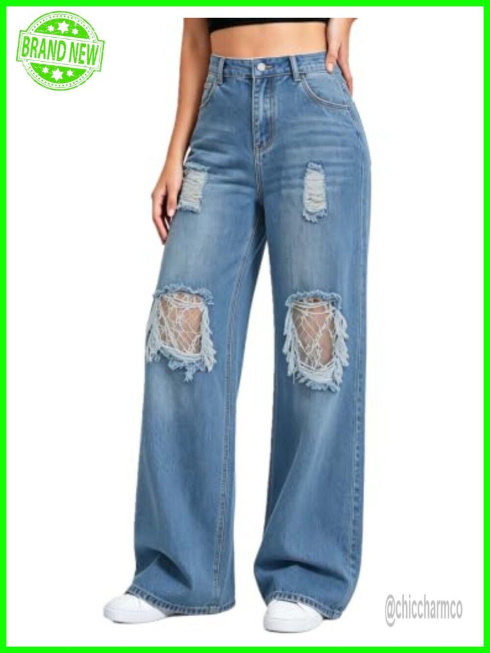 Wide Leg Ripped Distressed Denim Jeans Mid Rise Baggy Fit Women's